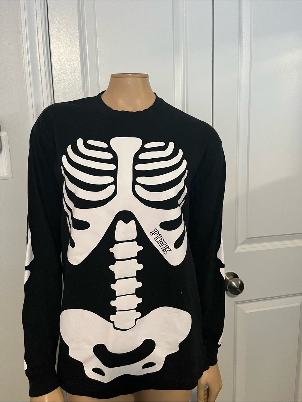 PINK Victoria's Secret Black Long Sleeve Tee with White Skeleton Print